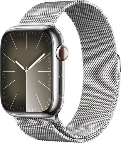 Apple Watch Series 9 [GPS + Cellular 45mm] Smartwatch with Silver Stainless Steel Case with Storm Blue Sport Band M/L. Fitness Tracker, Blood Oxygen & ECG Apps, Always-On Retina Display in Saudi Arabia