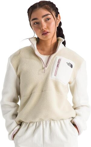 The North Face Women's Yumiori Quarter Zip Jacket - Lightweight Fleece Pullover with Embroidered Logo, Secure Zip Pockets, Desert Stone/White Dune/Metal Pink, Large in Saudi Arabia