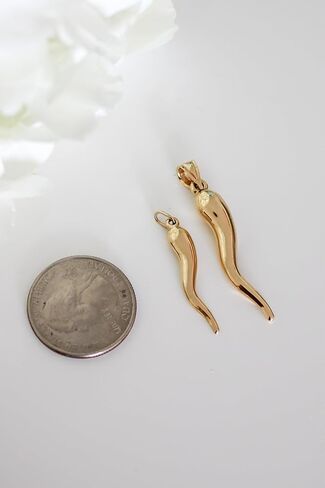 14K or 10K Solid Gold Horn Charm Hollow, Good Luck Charm, Cornetto, Cornicello Pendant, Yellow Gold Pepper for Him and Her, for Gifting Handmade in Italy, Hypoallergenic in Saudi Arabia