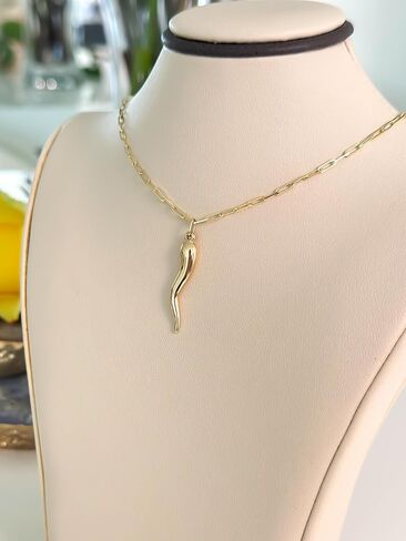 14K or 10K Solid Gold Horn Charm Hollow, Good Luck Charm, Cornetto, Cornicello Pendant, Yellow Gold Pepper for Him and Her, for Gifting Handmade in Italy, Hypoallergenic in Saudi Arabia