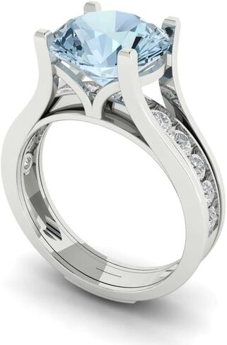 3.39 ct Round Cut Natural Aquamarine 14k White Gold Solitaire with Accents Wedding Bridal Engagement Promise Ring Band Set in Saudi Arabia