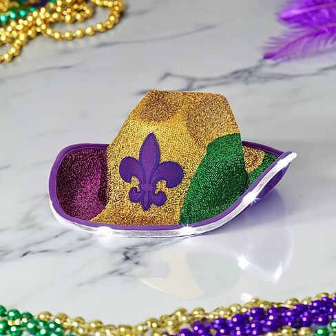 Vibrant Multicolor Mardi Gras Light-Up Cowboy Hat - 5" x 13" (1 Pc.) - Unique Design, Perfect for Mardi Gras Party & Costume Events in Saudi Arabia
