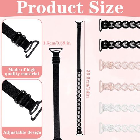 6 Pairs Adjustable Bra Straps, Elastic Heart Lace Bra Straps, Non-Slip Dress Strap for Strapless Dress Replacement Shoulder for Women Girls, 3 Colors in Kuwait