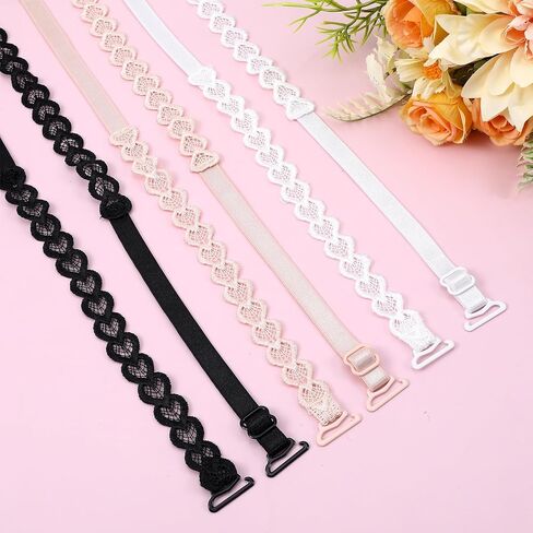 6 Pairs Adjustable Bra Straps, Elastic Heart Lace Bra Straps, Non-Slip Dress Strap for Strapless Dress Replacement Shoulder for Women Girls, 3 Colors in Kuwait