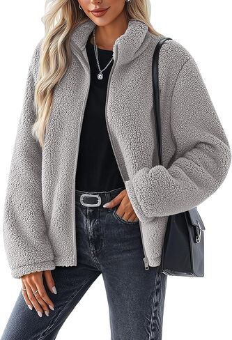 Womens Fleece Jacket Fuzzy Faux Shearling Coat Sherpa Jacket Long Sleeve Full Zip Warm Winter Outwear with Pockets in Saudi Arabia