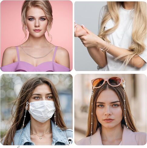قطعتان من سلسلة النظارات للنساء، سلسلة نظارات أنيقة مطرزة، سلسلة نظارات كلاسيكية حامل قلادة حول الرقبة مع حلقة النظارات للنظارات الشمسية (فضي، ذهبي وردي) in Kuwait