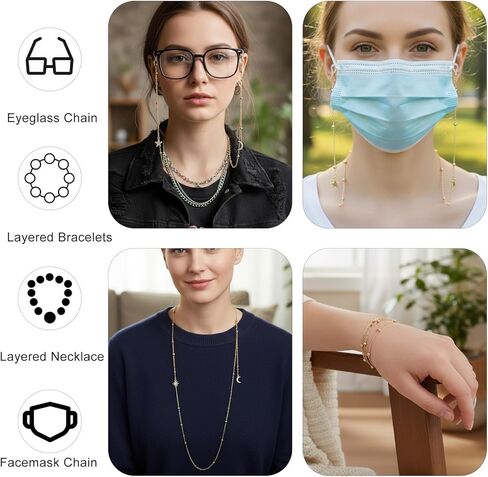 سلاسل النظارات مع نجمة القمر الصلبة، سلسلة النظارات النسائية الأنيقة، سلسلة النظارات الشمسية، سلاسل حامل قناع الوجه، قلادة حبال زجاجية للقراءة للرجال والنساء in Kuwait