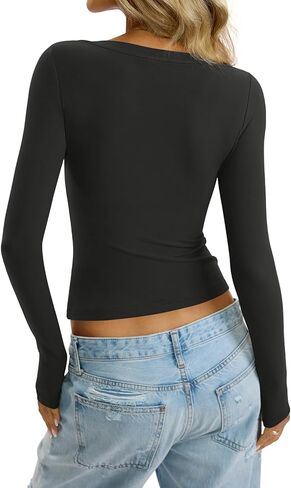 Womens Deep V Neck Long Sleeve Shirts Sexy Slim Fit Tops Basic Tees Fall Fashion Outfits Clothes 2025 in Saudi Arabia