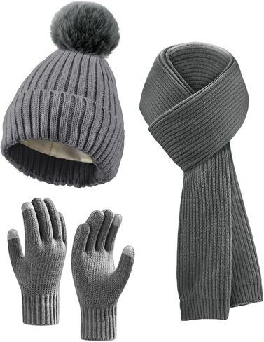 Winter Beanie Hat Scarf Gloves Set for Women, Fleece Knit Pompom Beanie Neck Warmer Long Scarf Touchscreen Gloves 3 in 1 Set in Kuwait