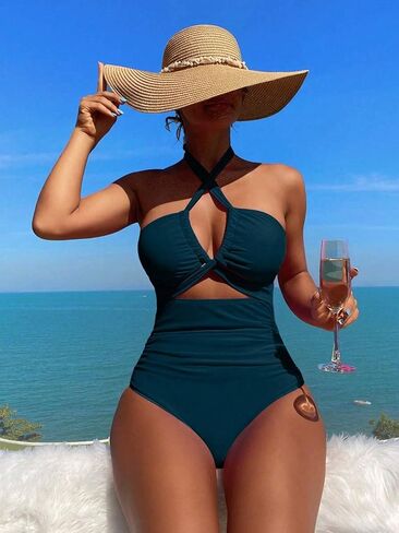 Womens High Stretch Backless Halter Neck One-Piece Swimsuit Criss-Cross Monokini for Beach Vacation in Saudi Arabia