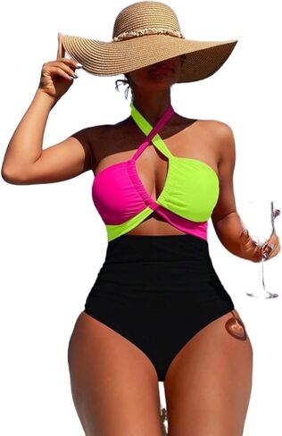 Women's Colorblock Backless Criss-Cross One-Piece Swimsuit High Stretch Halter Monokini for Summer Beach Vacation in Saudi Arabia