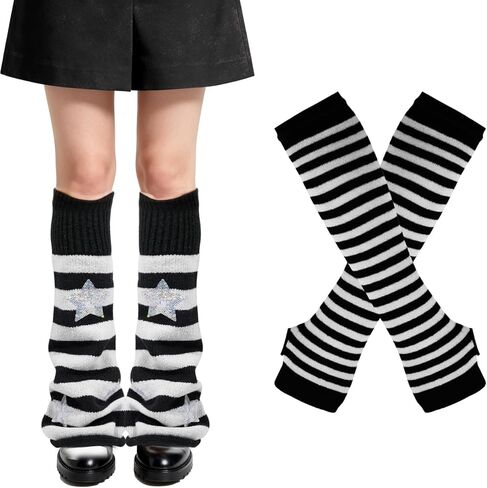 2Pairs Y2K Leg Warmers for Women, Striped Leg/Arm Warmer & Fingerless Gloves Set, Star Streetwear Leg Cover for Rave in Saudi Arabia
