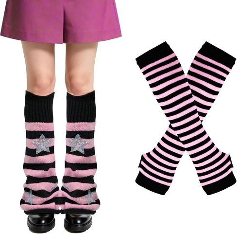 2Pairs Y2K Leg Warmers for Women, Striped Leg/Arm Warmer & Fingerless Gloves Set, Star Streetwear Leg Cover for Rave in Saudi Arabia