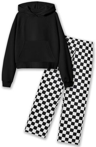 Girls Clothes Long Sleeve Hoodie Sweatshirt and Plaid Wide-leg Pants 2PCS Girl Fall Outfits Size 6-16 in Kuwait