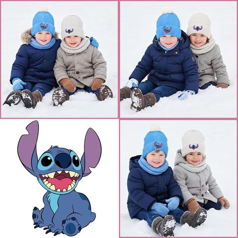 قبعة الشتاء للفتيات من Disney Stitch 2 - قبعة صغيرة متماسكة مع بوم بوم وأساور - قبعات ناعمة دافئة للطقس البارد للأطفال من سن 5 إلى 13 عامًا - Lilo & Stitch الرسمية in Saudi Arabia