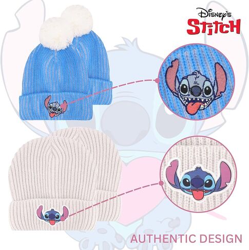 قبعة الشتاء للفتيات من Disney Stitch 2 - قبعة صغيرة متماسكة مع بوم بوم وأساور - قبعات ناعمة دافئة للطقس البارد للأطفال من سن 5 إلى 13 عامًا - Lilo & Stitch الرسمية in Saudi Arabia