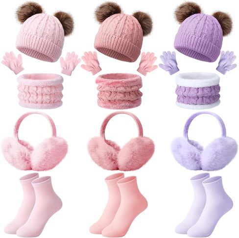 15 Pcs Kids Set Winter Hat Beanie Hat Scarf Gloves Earmuffs Socks Set Wool Warm Cap with Pompom for Girls Boys 4-10 Years Old in Saudi Arabia