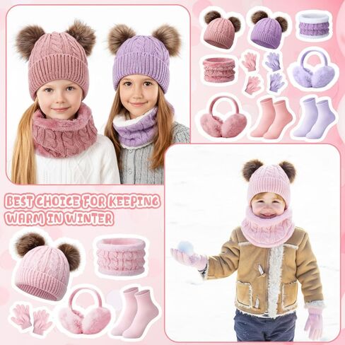 15 Pcs Kids Set Winter Hat Beanie Hat Scarf Gloves Earmuffs Socks Set Wool Warm Cap with Pompom for Girls Boys 4-10 Years Old in Saudi Arabia