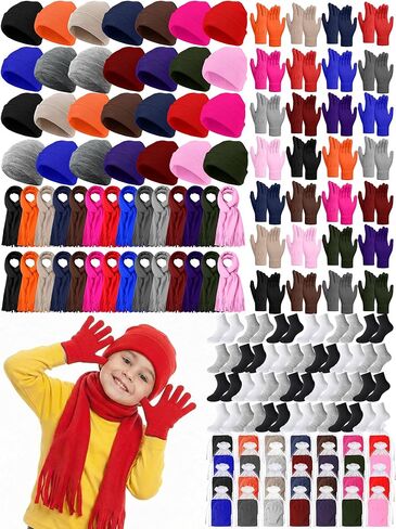 140 Pcs Kids Beanies Hat Scarf Gloves Sock Winter Sets Winter Homeless Care Package Supplies with Organza Bags Christmas Warm Gift for Homeless Charity Multicolor in Saudi Arabia