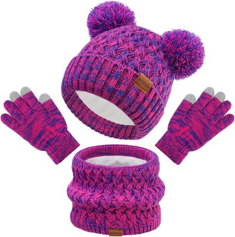 Wandx Kids قبعة شتوية قفازات وشاح مجموعة قبعة صغيرة مبطنة بالصوف مع بوم محبوك الرقبة أدفأ للبنين بنات الذين تتراوح أعمارهم بين 2-15 الطقس البارد in Kuwait