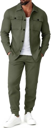 Mens Track Suits 2 Piece Set Cargo Tracksuit Casual Suede Button up Shirt Jacket Pants Outfits in Kuwait