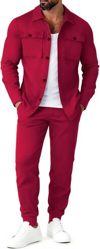 Mens Track Suits 2 Piece Set Cargo Tracksuit Casual Suede Button up Shirt Jacket Pants Outfits in Kuwait