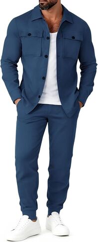 Mens Track Suits 2 Piece Set Cargo Tracksuit Casual Suede Button up Shirt Jacket Pants Outfits in Kuwait