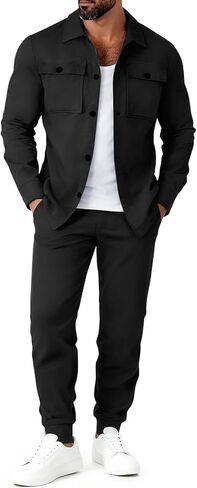 Mens Track Suits 2 Piece Set Cargo Tracksuit Casual Suede Button up Shirt Jacket Pants Outfits in Kuwait