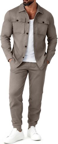 Mens Track Suits 2 Piece Set Cargo Tracksuit Casual Suede Button up Shirt Jacket Pants Outfits in Kuwait