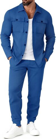 Mens Track Suits 2 Piece Set Cargo Tracksuit Casual Suede Button up Shirt Jacket Pants Outfits in Kuwait