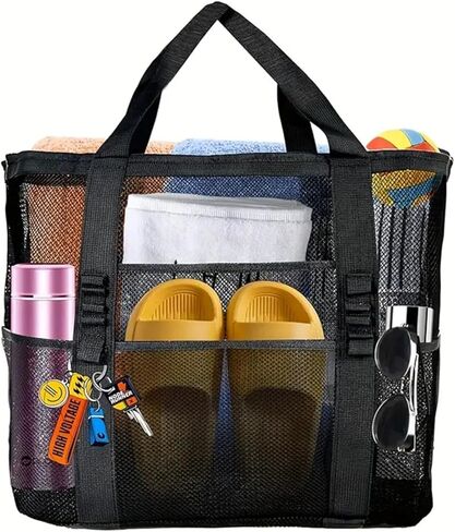 Extra Large Mesh Beach Bag, Foldable Lightweight Tote with Zipper Multi Pockets for Family Beach Trip, Pool, Travel, Black in Saudi Arabia