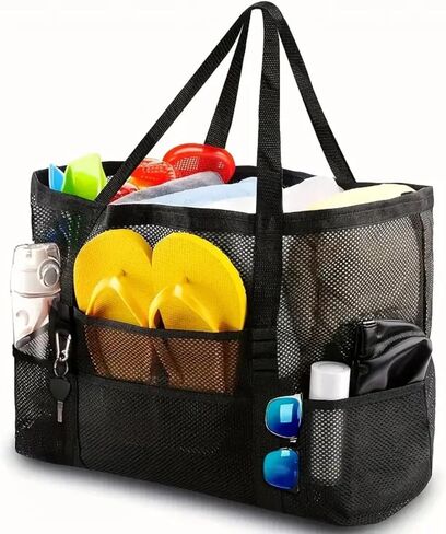 Extra Large Mesh Beach Bag, Foldable Lightweight Tote with Zipper Multi Pockets for Family Beach Trip, Pool, Travel, Black in Saudi Arabia