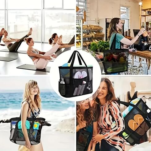 Extra Large Mesh Beach Bag, Foldable Lightweight Tote with Zipper Multi Pockets for Family Beach Trip, Pool, Travel, Black in Saudi Arabia