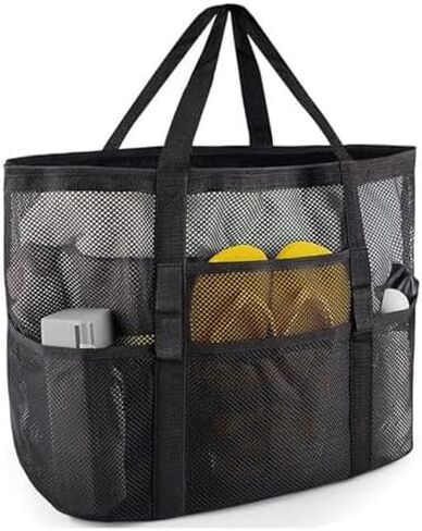 Extra Large Mesh Beach Bag, Foldable Lightweight Tote with Zipper Multi Pockets for Family Beach Trip, Pool, Travel, Black in Saudi Arabia