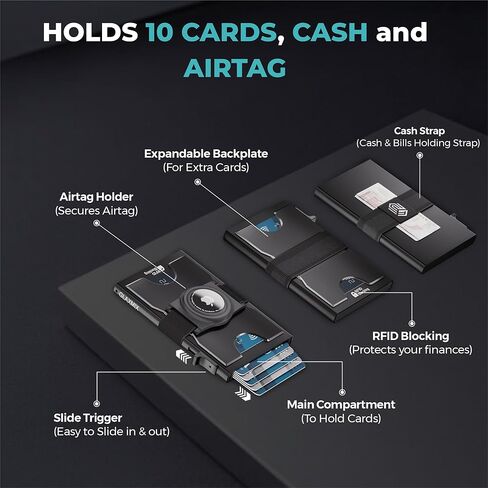محفظة AirTag للرجال، محفظة حامل البطاقات مع خاصية حجب RFID - محفظة ألومنيوم صغيرة الحجم للحمل اليومي مع لوحة خلفية قابلة للتوسيع - تحمل 10 بطاقات بالإضافة إلى النقود (أسود) in Saudi Arabia