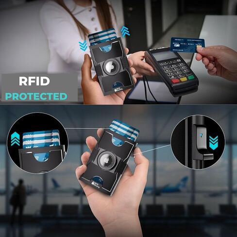 محفظة AirTag للرجال، محفظة حامل البطاقات مع خاصية حجب RFID - محفظة ألومنيوم صغيرة الحجم للحمل اليومي مع لوحة خلفية قابلة للتوسيع - تحمل 10 بطاقات بالإضافة إلى النقود (أسود) in Saudi Arabia