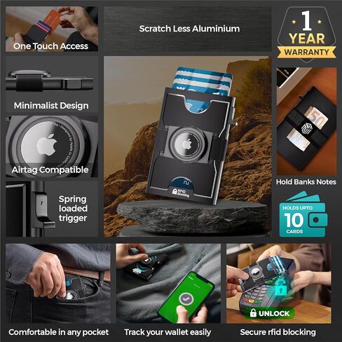 محفظة AirTag للرجال، محفظة حامل البطاقات مع خاصية حجب RFID - محفظة ألومنيوم صغيرة الحجم للحمل اليومي مع لوحة خلفية قابلة للتوسيع - تحمل 10 بطاقات بالإضافة إلى النقود (أسود) in Saudi Arabia