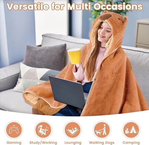 CozziPals Capybara Wearable Plush Blanket Hoodie for Women & Kids, Premium Soft Thick Sherpa & Fleece for Ultra Warmth, Throw Wrap with Giant Hood, Easy Movement, Capybara Gifts for Adults, Oversized in Saudi Arabia