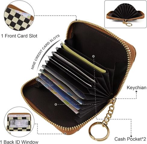 Women's RFID Blocking Checkered Wallet-PU Leather,9 Card Slots,Keychain|Compact Large Capacity,Minimalist Zipper Coin Pocket|Secure for Travel&Daily Use|Durable&Stylish Card/Cash/Organizer(brown) in Saudi Arabia