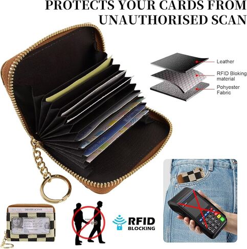 Women's RFID Blocking Checkered Wallet-PU Leather,9 Card Slots,Keychain|Compact Large Capacity,Minimalist Zipper Coin Pocket|Secure for Travel&Daily Use|Durable&Stylish Card/Cash/Organizer(brown) in Saudi Arabia