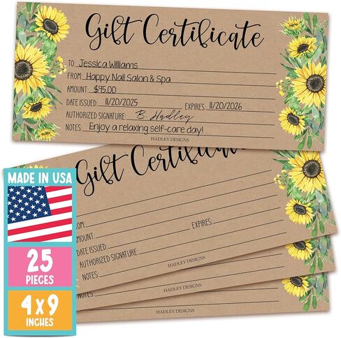 Hadley Designs 25 4x9 Rustic Floral Blank Gift Certificates for Business Gifts for Clients, Christmas, Restaurant Gift Certificates for Spa Salon Gift Certificates in Saudi Arabia