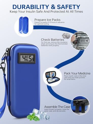حقيبة سفر مبرد الأنسولين: مبرد أدوية لمرضى السكري معتمد من إدارة أمن المواصلات الأمريكية للسفر مع عرض درجة الحرارة، حقيبة سفر لمرض السكري لأقلام الأنسولين مع عبوتين من الثلج للاستخدام اليومي والرحلة in Kuwait