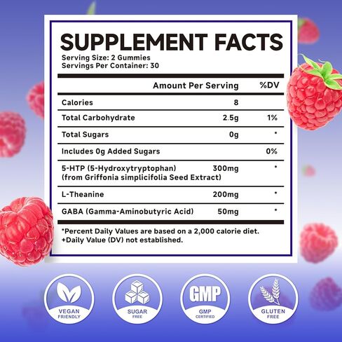 5-HTP Gummies 300 ملغ، مكمل 5-HTP مع 200 ملغ L-Theanine و50 ملغ GABA، مكملات GABA لدعم الدماغ وZzz، خالي من السكر، نكهة التوت، 60 قطعة in Kuwait
