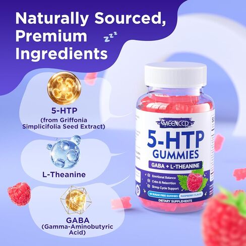 5-HTP Gummies 300 ملغ، مكمل 5-HTP مع 200 ملغ L-Theanine و50 ملغ GABA، مكملات GABA لدعم الدماغ وZzz، خالي من السكر، نكهة التوت، 60 قطعة in Kuwait
