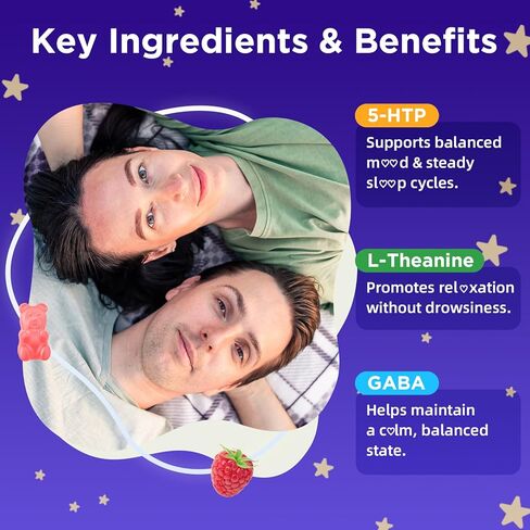 5-HTP Gummies 300 ملغ، مكمل 5-HTP مع 200 ملغ L-Theanine و50 ملغ GABA، مكملات GABA لدعم الدماغ وZzz، خالي من السكر، نكهة التوت، 60 قطعة in Kuwait