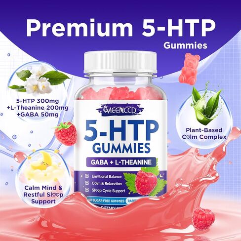 5-HTP Gummies 300 ملغ، مكمل 5-HTP مع 200 ملغ L-Theanine و50 ملغ GABA، مكملات GABA لدعم الدماغ وZzz، خالي من السكر، نكهة التوت، 60 قطعة in Kuwait