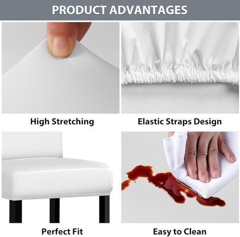 Lebaley 4 Pack Bar Stool Covers with Backs, Waterproof Stretch PU Leather Barstool Slipcovers for Counter Height Chairs 14"-17" Wide, Washable for Kitchen Pub Cafe (White) in Saudi Arabia