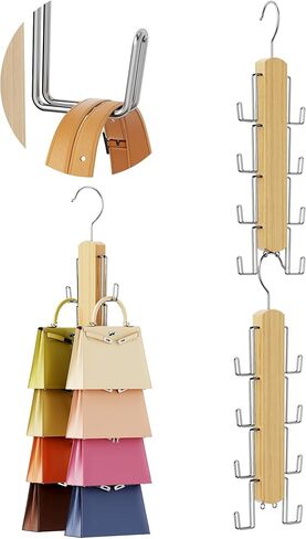 NiHome Wooden Purse Organizer for Closet, 8 Extra-Wide Metal Hooks Handbag Hanger, Space-Saving Hanging Bag Holder & Purse Rack for Closet Organization (Natural, 2 Pack) in Saudi Arabia
