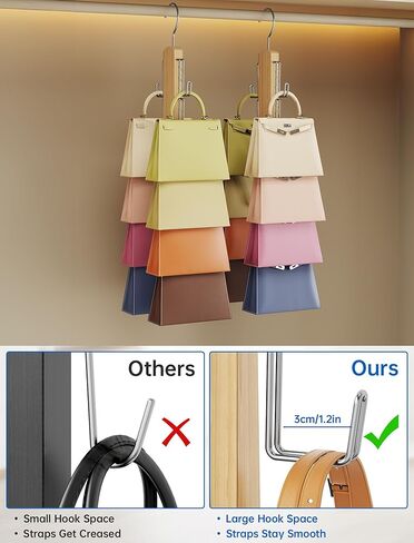NiHome Wooden Purse Organizer for Closet, 8 Extra-Wide Metal Hooks Handbag Hanger, Space-Saving Hanging Bag Holder & Purse Rack for Closet Organization (Natural, 2 Pack) in Saudi Arabia