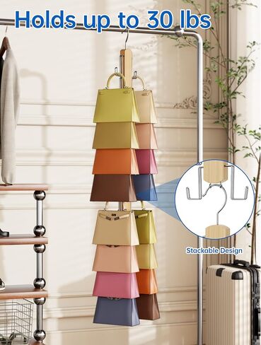 NiHome Wooden Purse Organizer for Closet, 8 Extra-Wide Metal Hooks Handbag Hanger, Space-Saving Hanging Bag Holder & Purse Rack for Closet Organization (Natural, 2 Pack) in Saudi Arabia